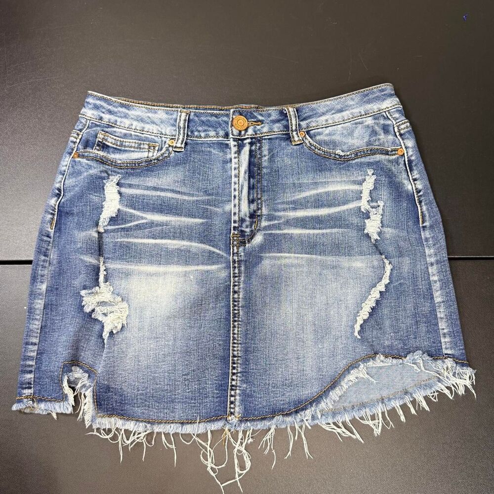 Indigo Rein Distressed Denim Mini Skirt Size 11 Frayed Raw Hem Y2K